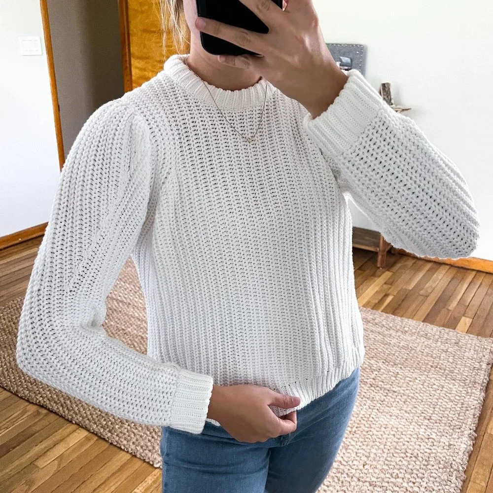 Maria Guedes 100% Cotton White Crew Neck Heavyweight Designer Knit Sweater Small